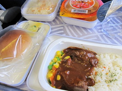 韓国料理を期待していたが普通のビーフシチューだった機内食の写真